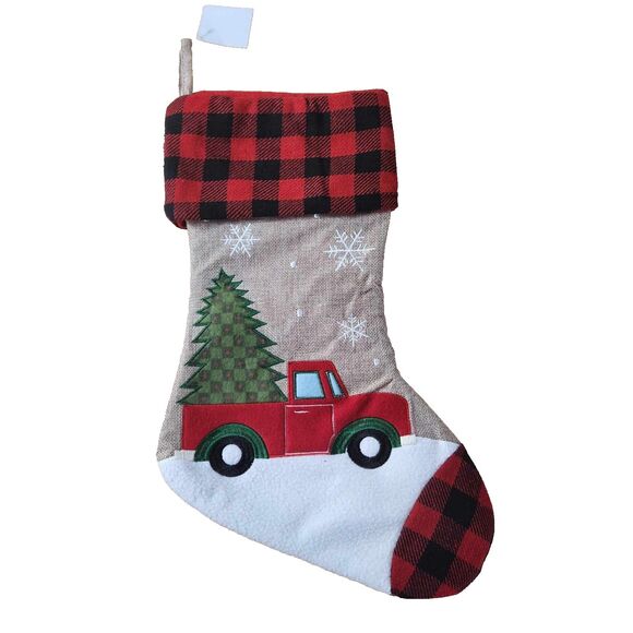 Hobby Lobby Red Truck Woven Christmas Stocking Embroidered Burlap Mantle Decor - Picture 2 of 5